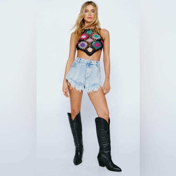 Nasty Gal Crochet Handkerchief Hem Halter Top - M - Picture 2 of 6